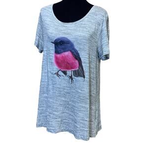 Upcycled Hand Printed Women Medium Pink Robin Ukraine Artist Fundraiser Long Tee
